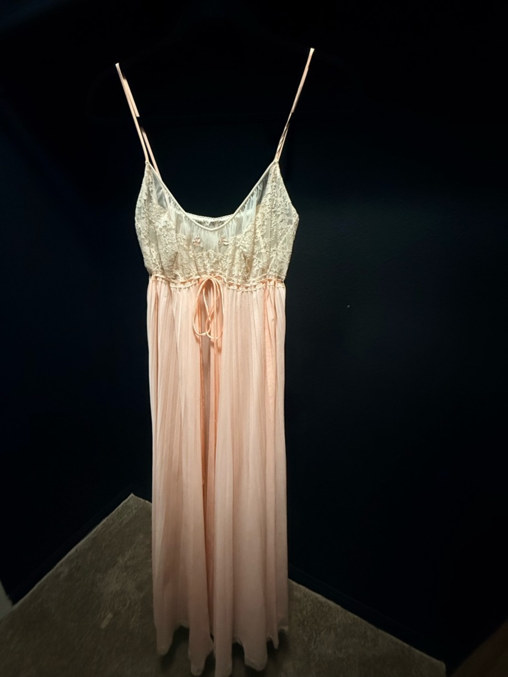 Lace Bodice Peach Vintage Nightgown with Spaghetti Straps and pleats